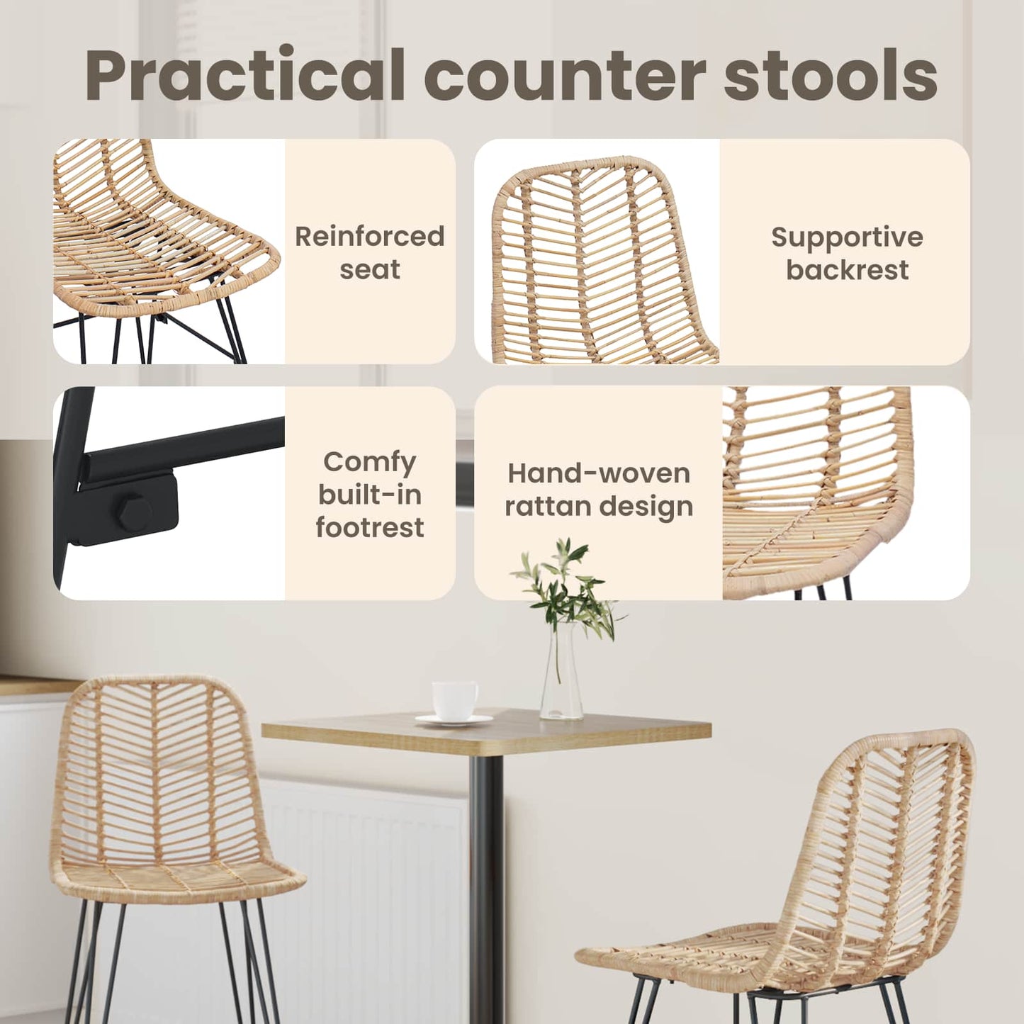 Bar Chair 2 pcs 44.5 x 54.5 x 97.5 cm Rattan and Iron