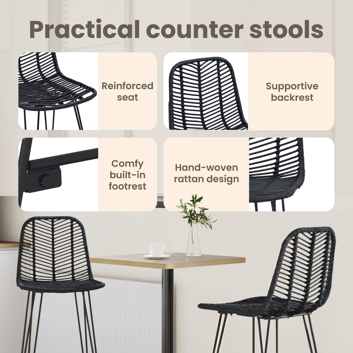 Bar Chair 2 pcs 44 x 52 x 111 cm Rattan and Iron