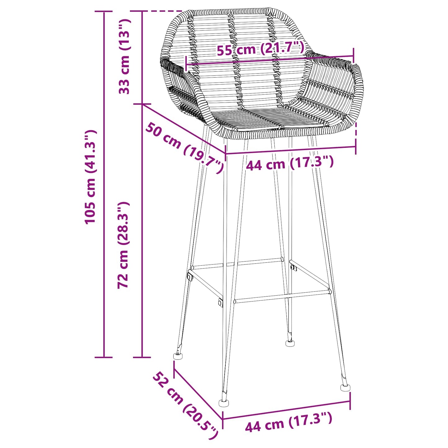 Bar Chair 2 pcs Black 55 x 52 x 105 cm Rattan and Iron