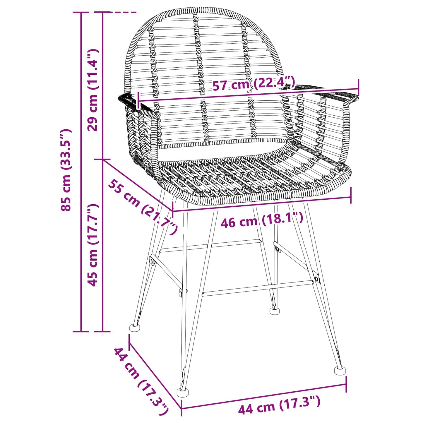 Dining Chair 2 pcs Rattan and Iron Natural 57 x 55 x 85 cm