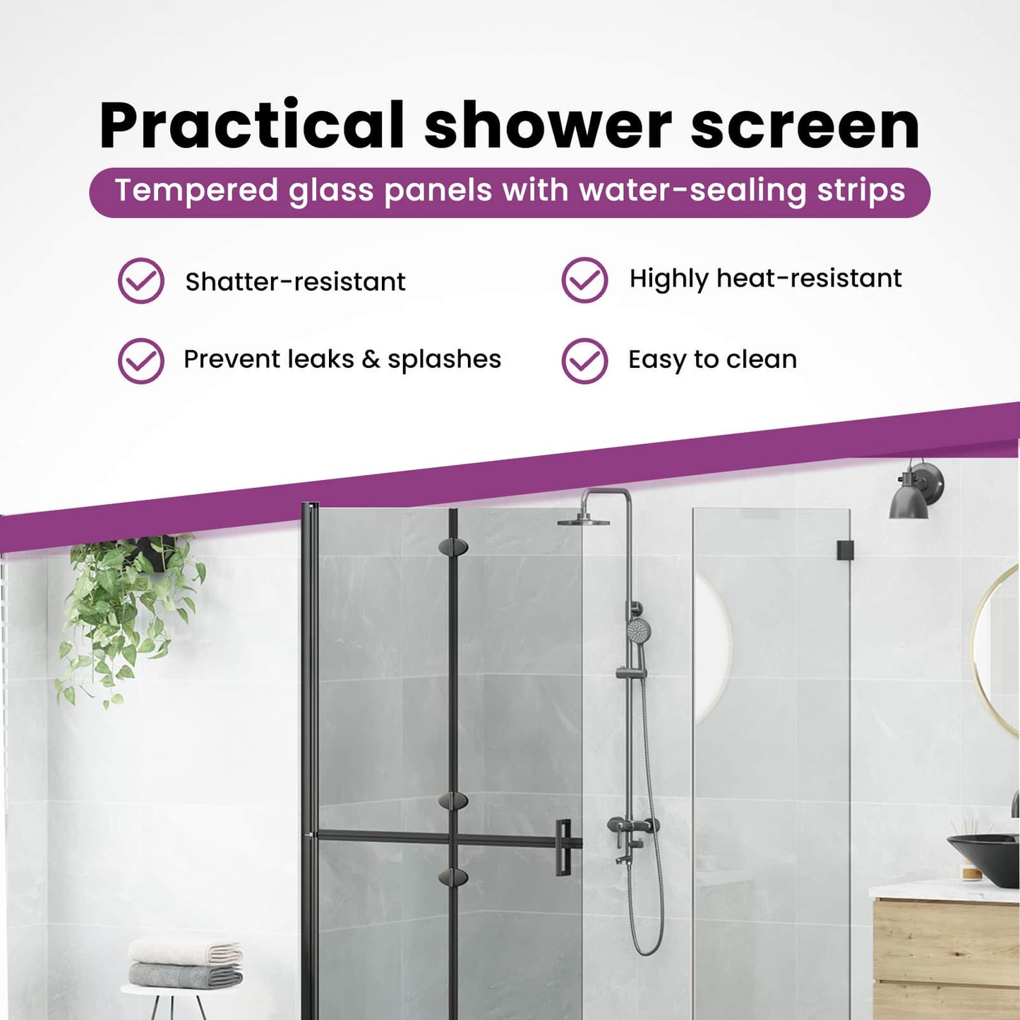 Walk-In Shower Wall Folding Black 100 x 6.5 x 190 cm