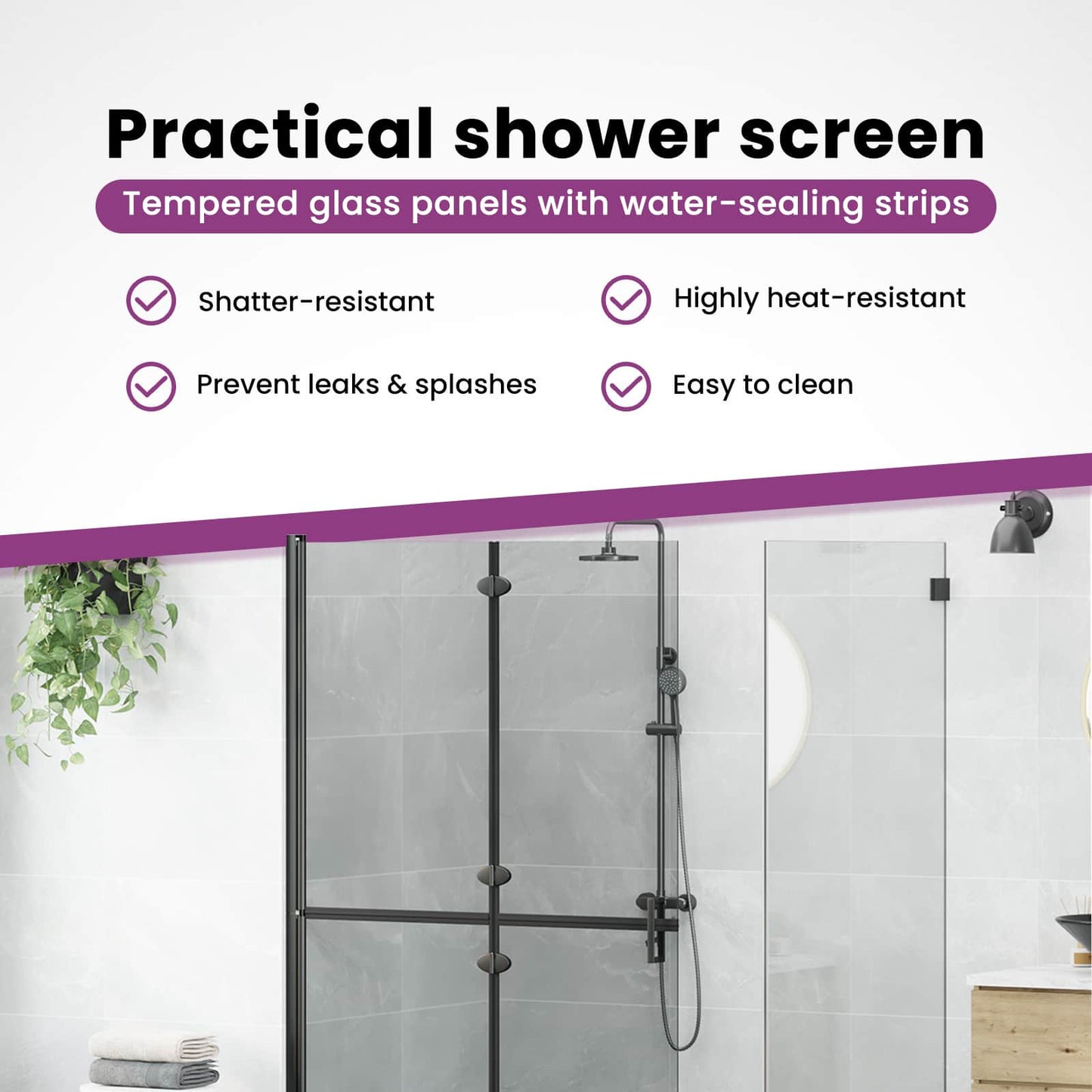 Walk-In Shower Wall Folding Black 110 x 6.5 x 190 cm