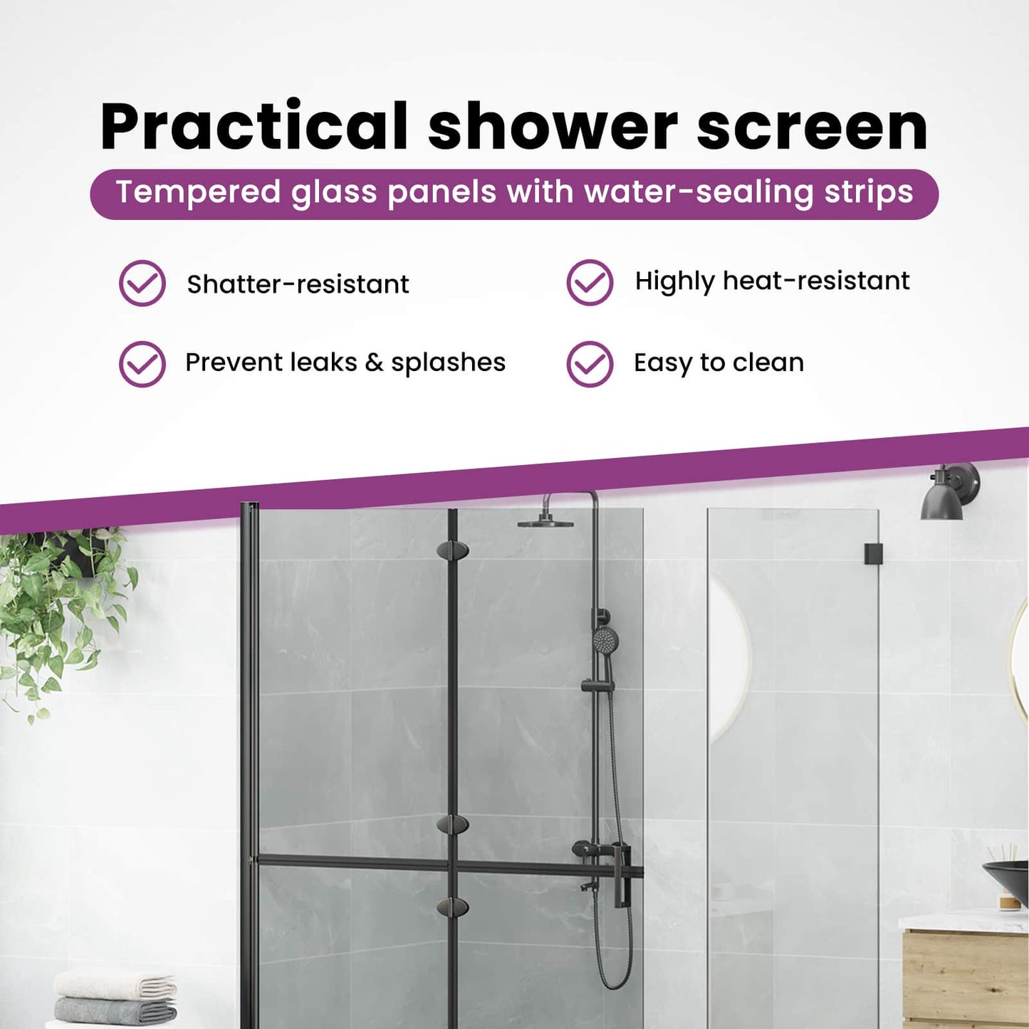 Walk-In Shower Wall Folding Black 120 x 6.5 x 190 cm
