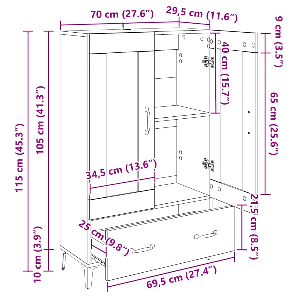 Highboard Black Oak 70 x 31 x 115 cm Engineered Wood and Iron