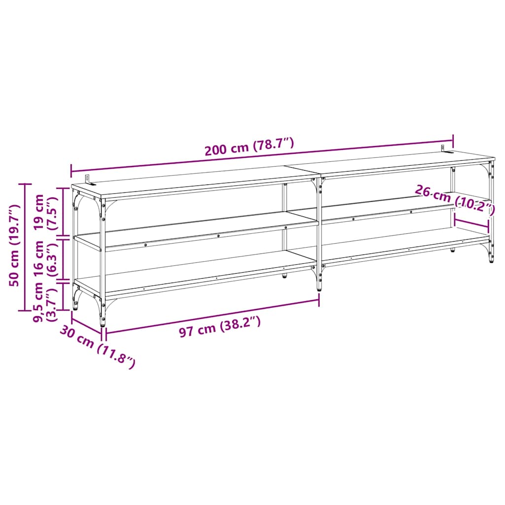 TV Cabinet Black Oak 200 x 30 x 50 cm Engineered Wood and Iron