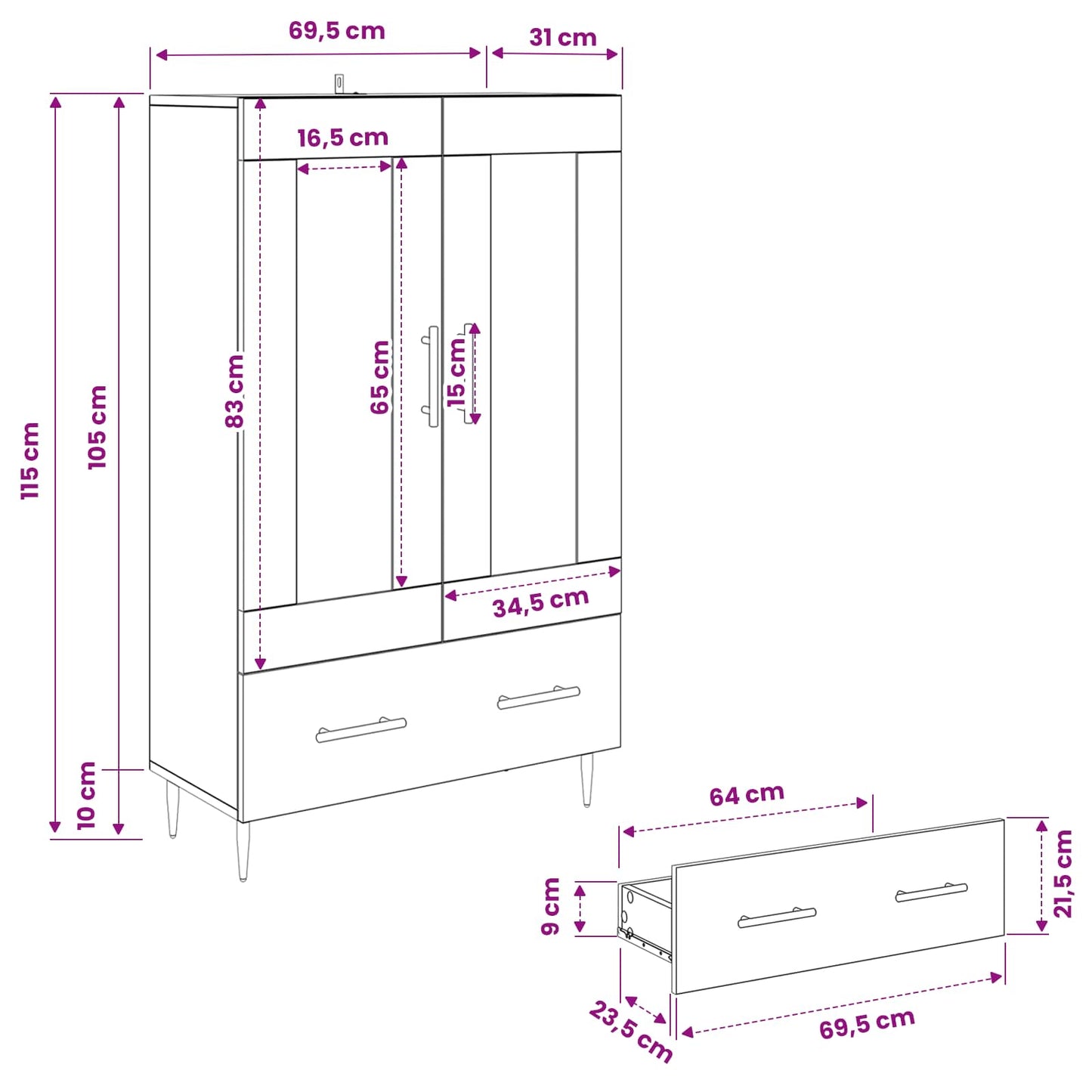 Highboard with Drawer Artisan Oak 69.5 x 31 x 115 cm