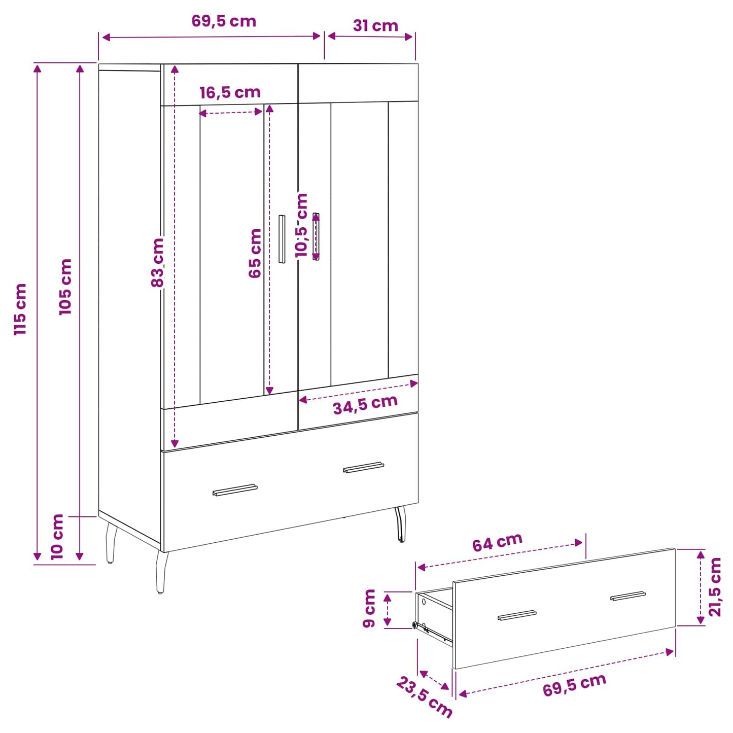 Highboard Black Oak 69.5 x 31 x 115 cm Engineered Wood