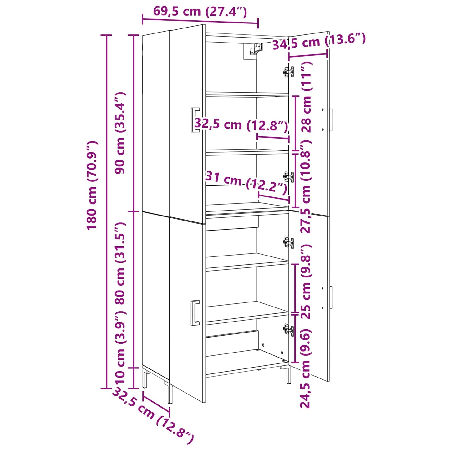 Highboard Black oak 69.5 x 34 x 180 cm Engineered Wood