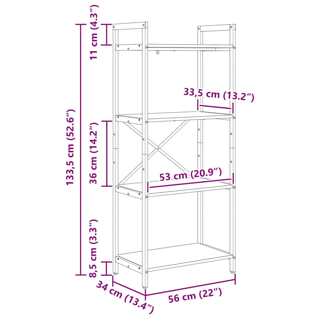 Bookshelf 4-Tier 56 x 34 x 133.5 cm Engineered Wood Smoked Oak