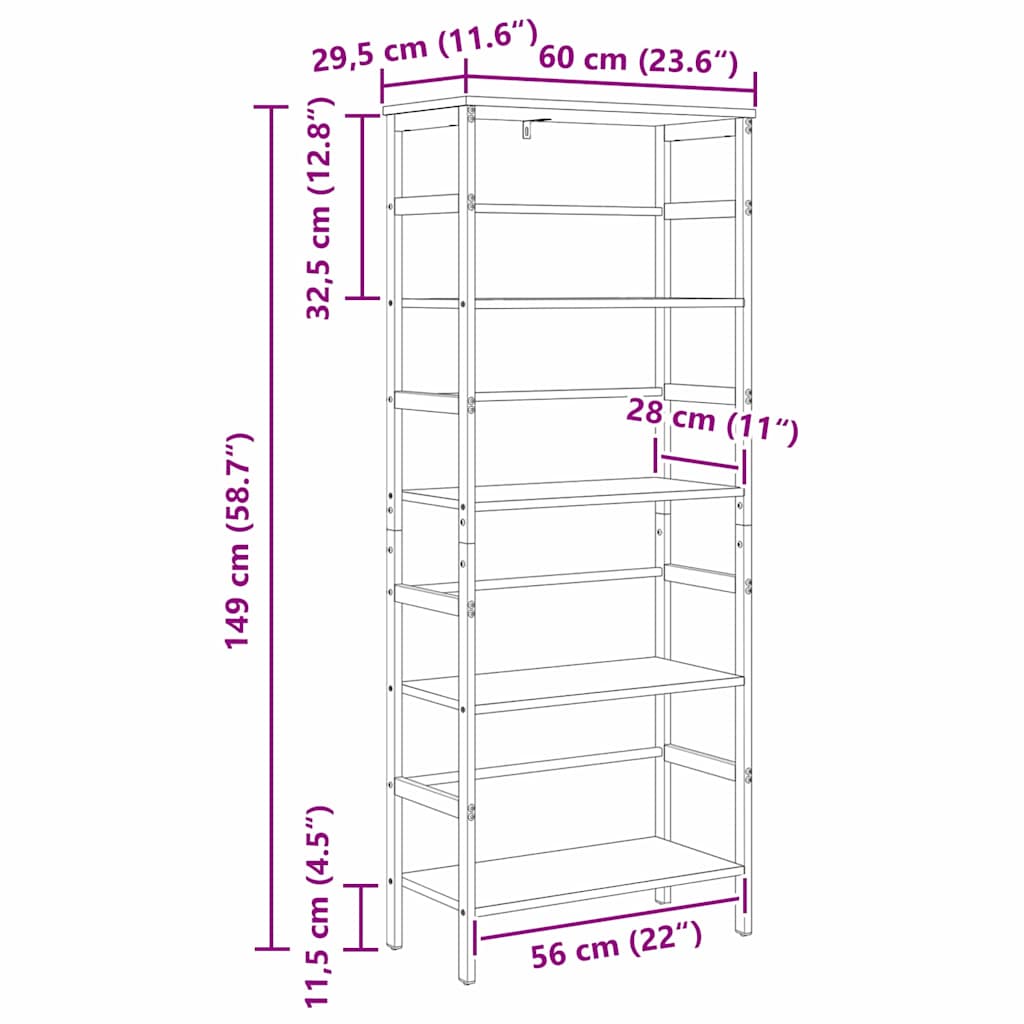Bookshelf 4-Tier 60 x 29.5 x 149 cm Engineered Wood Black Oak