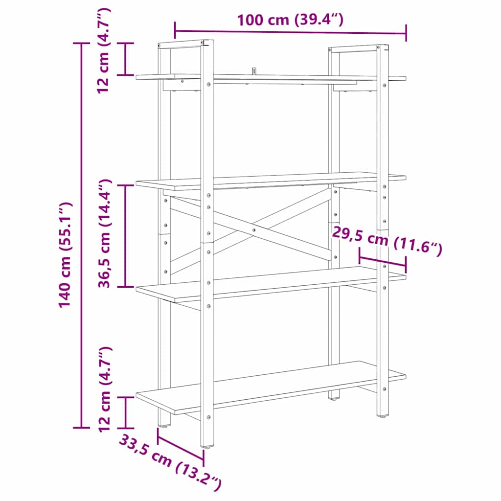 Bookshelf 4-Tier 100 x 33.5 x 140 cm Engineered Wood Black Oak