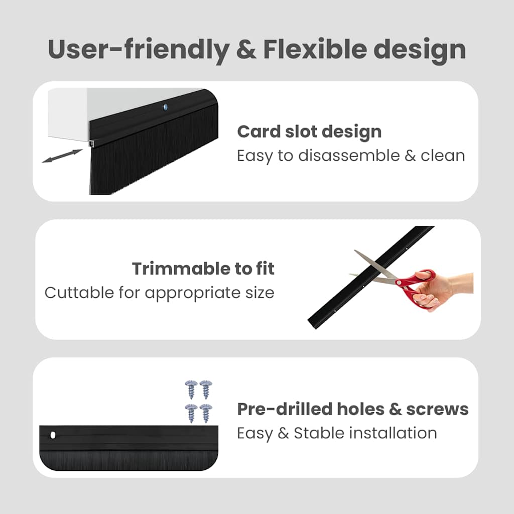 Screw-on Door Brush Seals 2 pcs Black 100 cm Aluminium Alloy