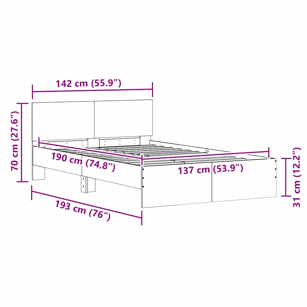 Bed Frame with Headboard Sonoma 137 x 190 cm Engineered Wood