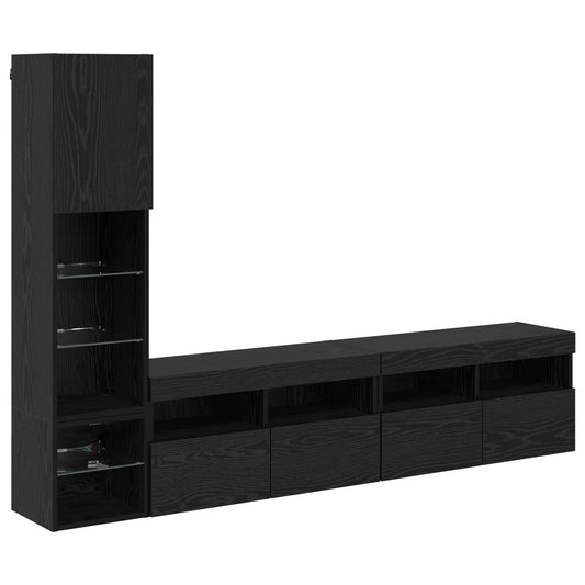 TV Wall Unit with LED 4 pcs Black Oak Engineered Wood TV Wall Unit with LED 4 pcs Black Oak Engineered Wood