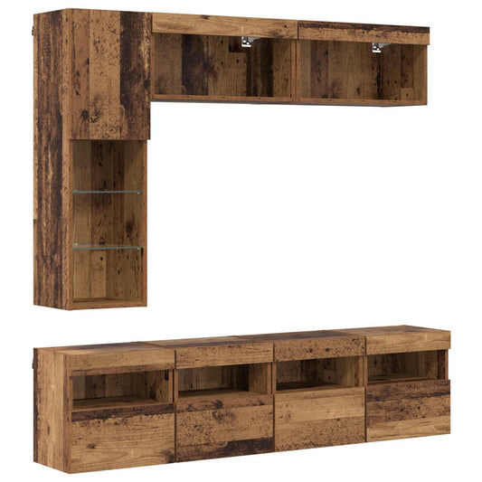 TV Cabinet with LED Wall-mounted 7 pcs Old Wood Engineered Wood TV Cabinet with LED Wall-mounted 7 pcs Old Wood Engineered Wood