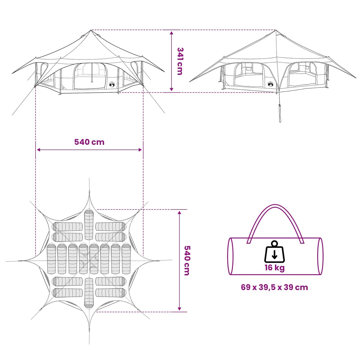 Family Tent 18-Person Green 185T Polyester with PU Coating