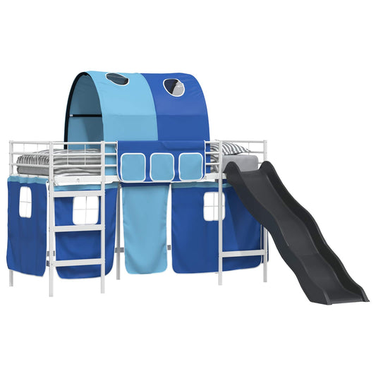 Kids'Loft Bed Frame with Curtains, Arch, Slide White and Blue Kids'Loft Bed Frame with Curtains, Arch, Slide White and Blue