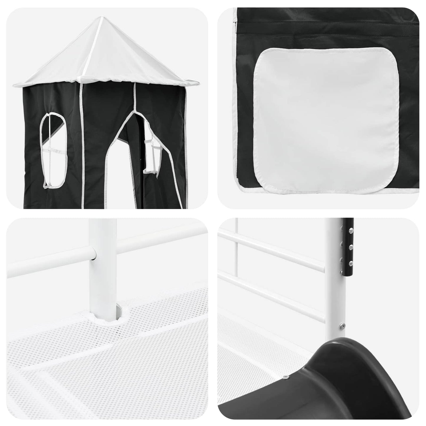 Kids'Loft Bed Frame with Curtains, Arch, Slide, Tower