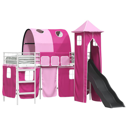 Kids'Loft Bed Frame with Curtains, Arch, Slide, Tower Kids'Loft Bed Frame with Curtains, Arch, Slide, Tower