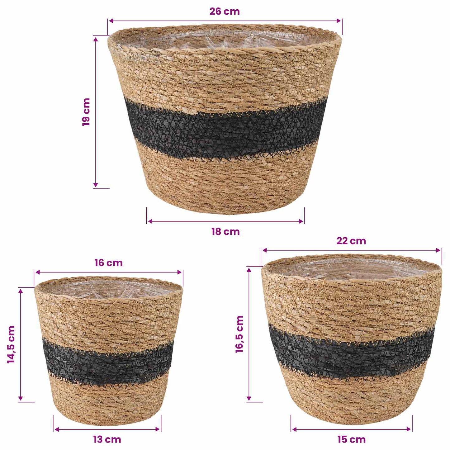 Seagrass Plant Baskets 3 pcs Natural and Black Ø26 x 19 cm