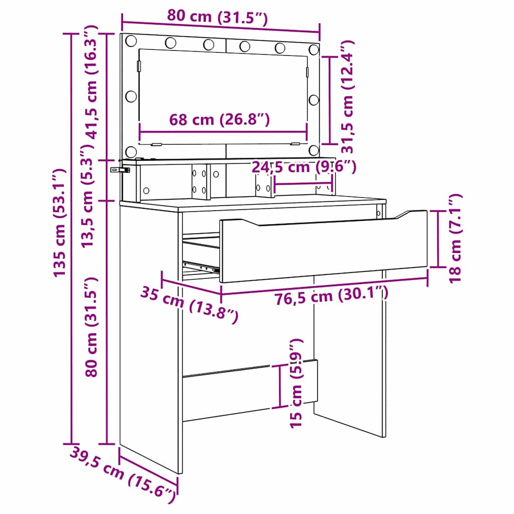 Bedroom Dressing Tables with Drawer White 80 x 39.6 x 135 cm