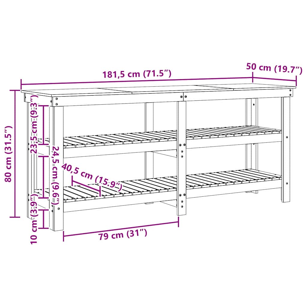Work Bench with Shelf with Storage Wax Brown Solid Pine Wood