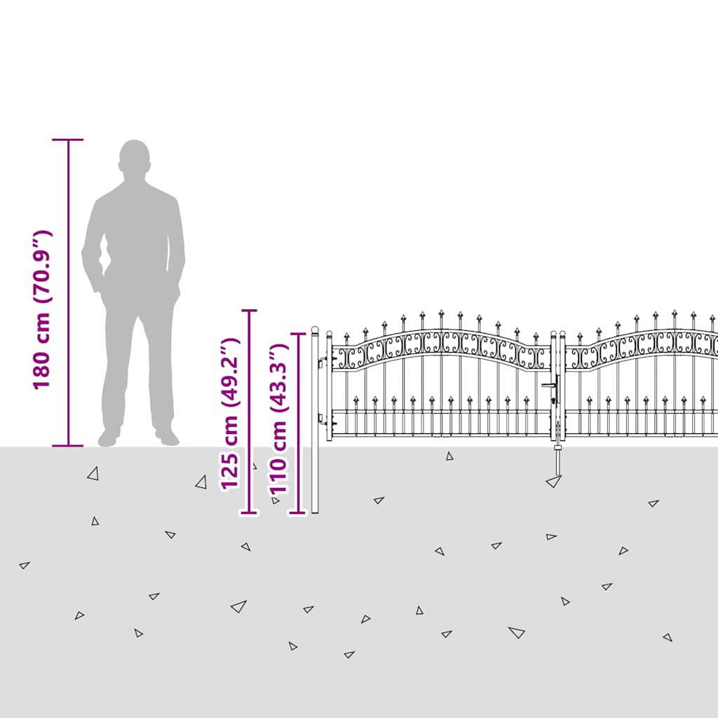 Fence Gate with Spear Top with Lock Grey 305 x 75 cm Steel