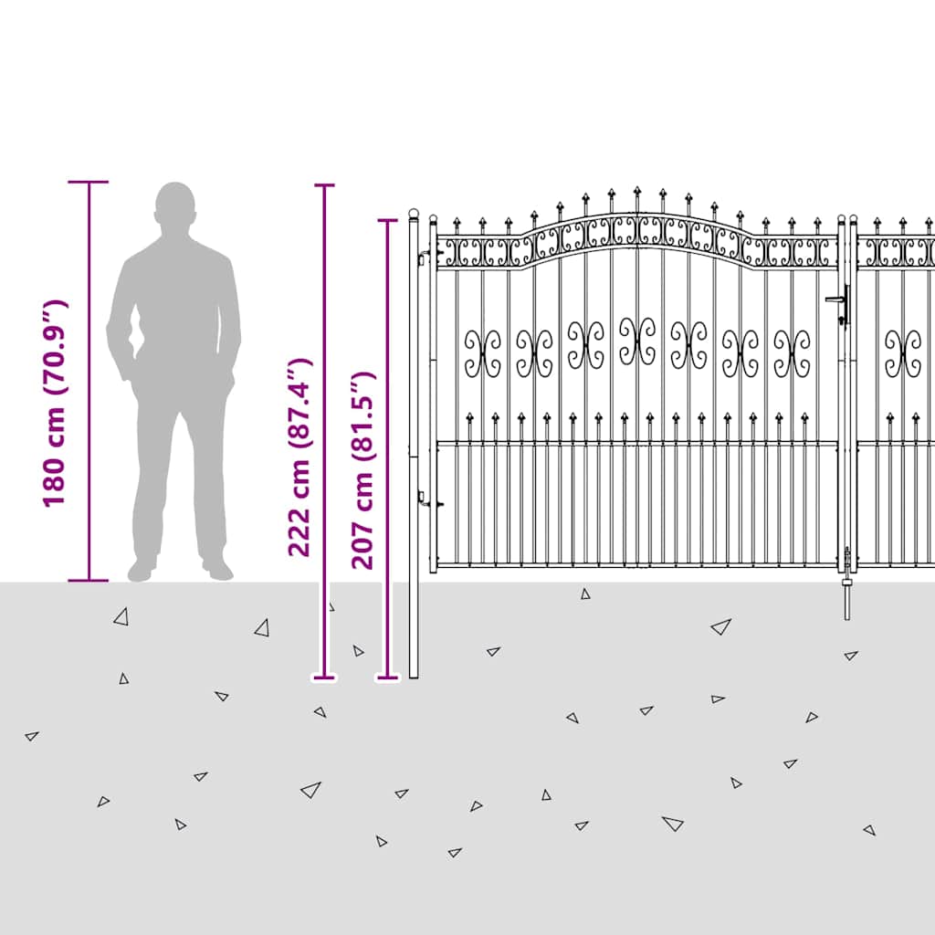 Fence Gate with Spear Top with Lock Grey 404 x 175 cm Steel
