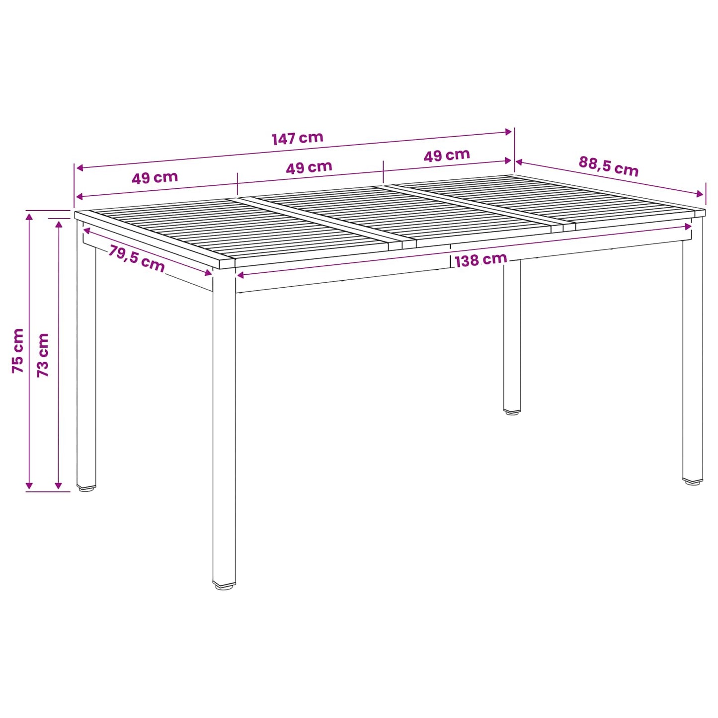 Garden Dinner Table Natural and Black 147 x 88.5 x 75 cm