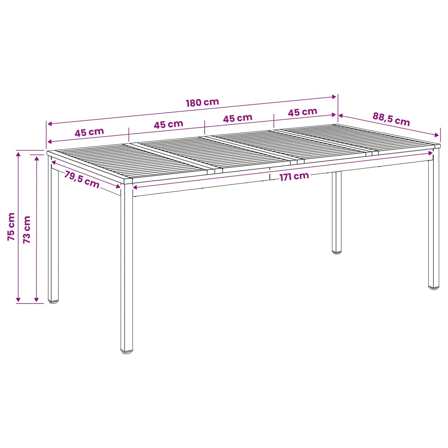 Garden Dinner Table Natural and Black 180 x 88.5 x 75 cm