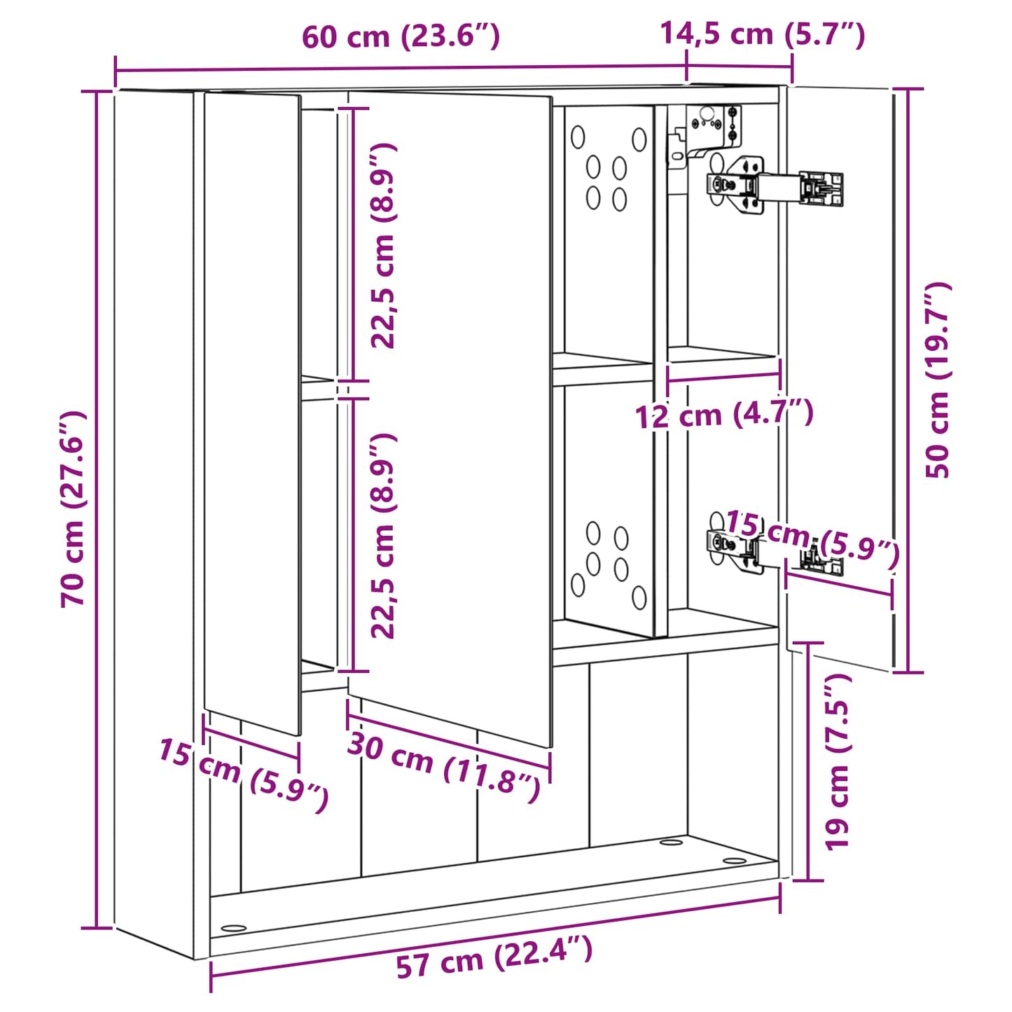 Bathroom Mirror Cabinet with Shelf Smoked Oak 60 x 14.5 x 70 cm