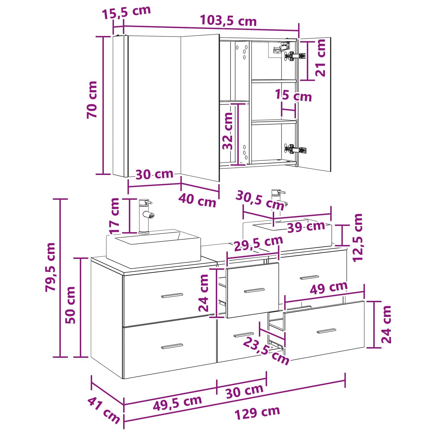 Bathroom Furniture Set 4 pcs White Engineered Wood and Glass