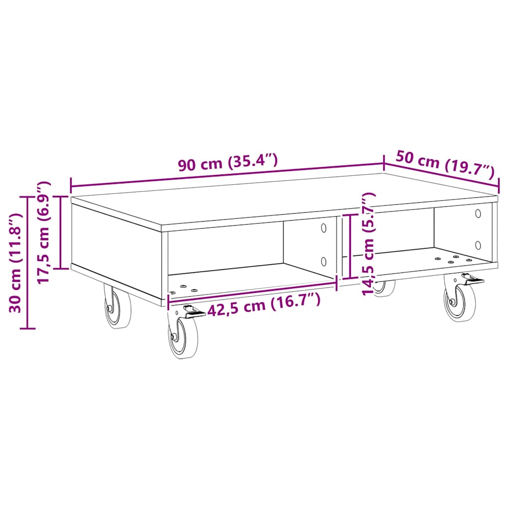 Side Table with Wheels Smoked Oak 90 x 50 x 30 cm
