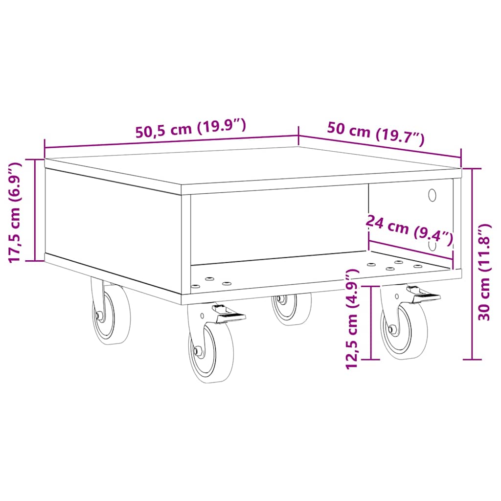 Side Table with Wheels Sonoma Oak 50.5 x 50 x 30 cm