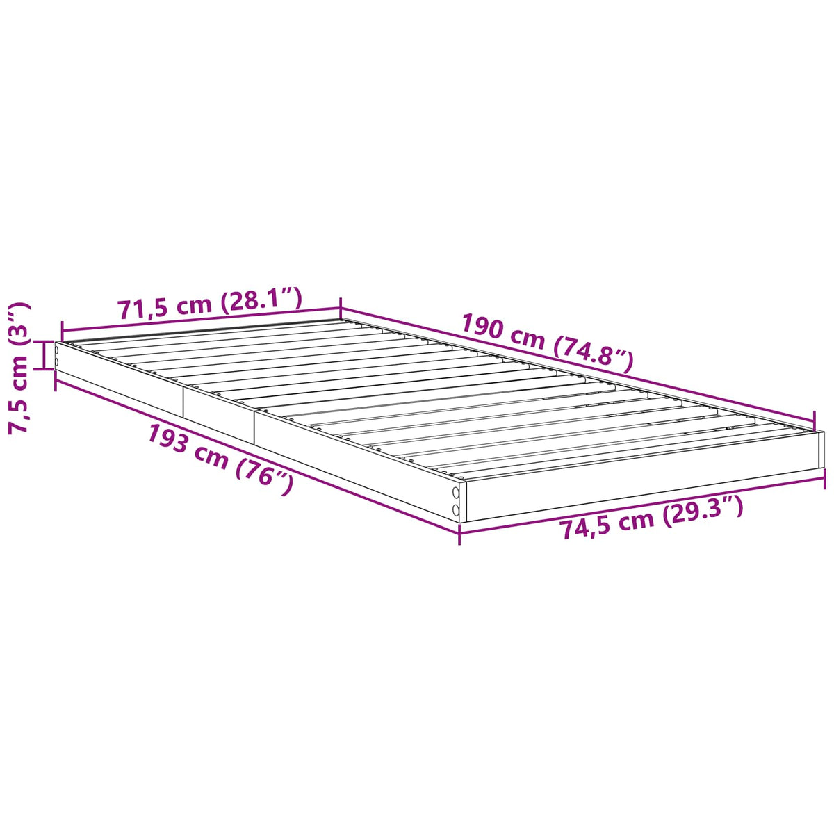 Floor Bed Frame Grey sonoma 75 x 190 cm Engineered Wood
