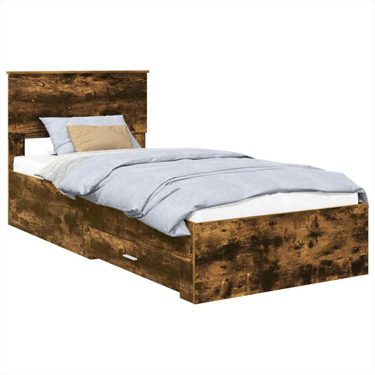 Bed Frame Smoked Oak and Silver 75 x 190 cm Engineered Wood Bed Frame Smoked Oak and Silver 75 x 190 cm Engineered Wood