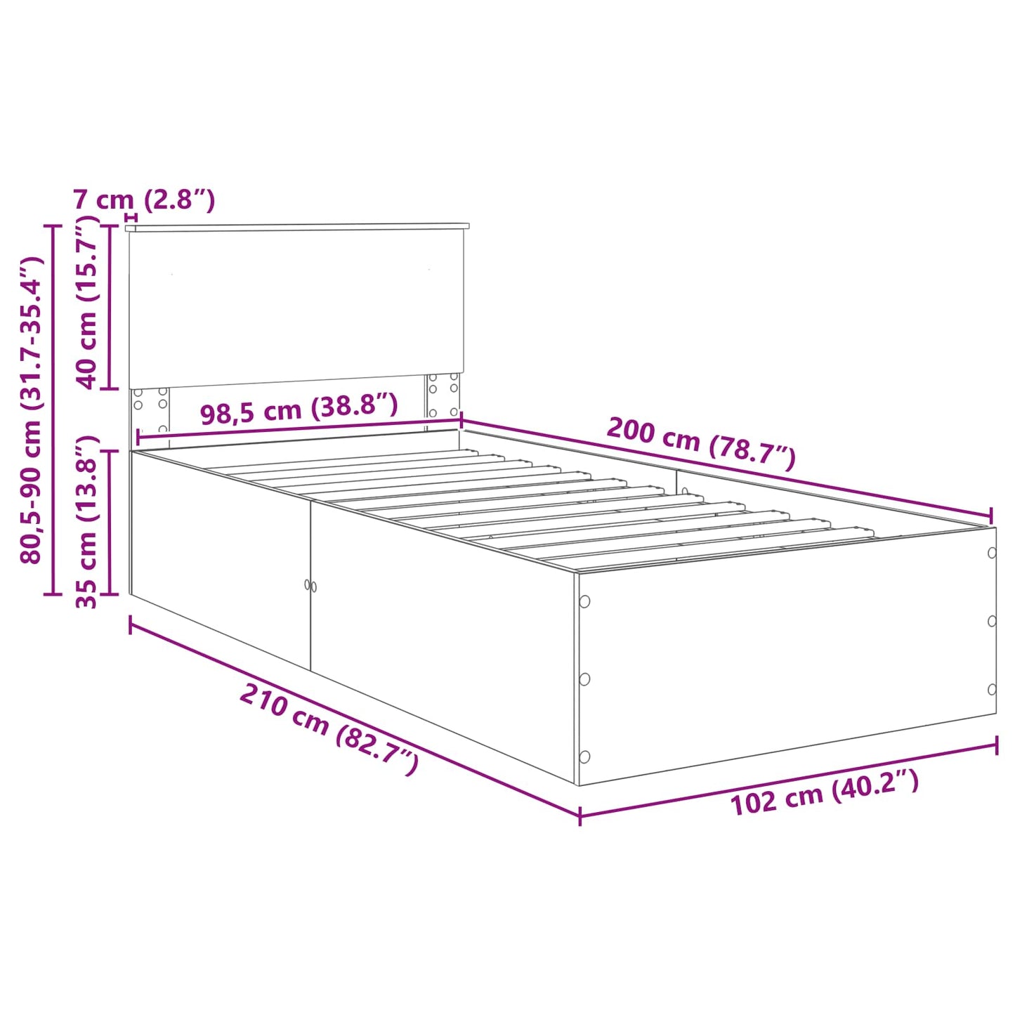 Bed Frame Grey Sonoma 100 x 200 cm Engineered Wood
