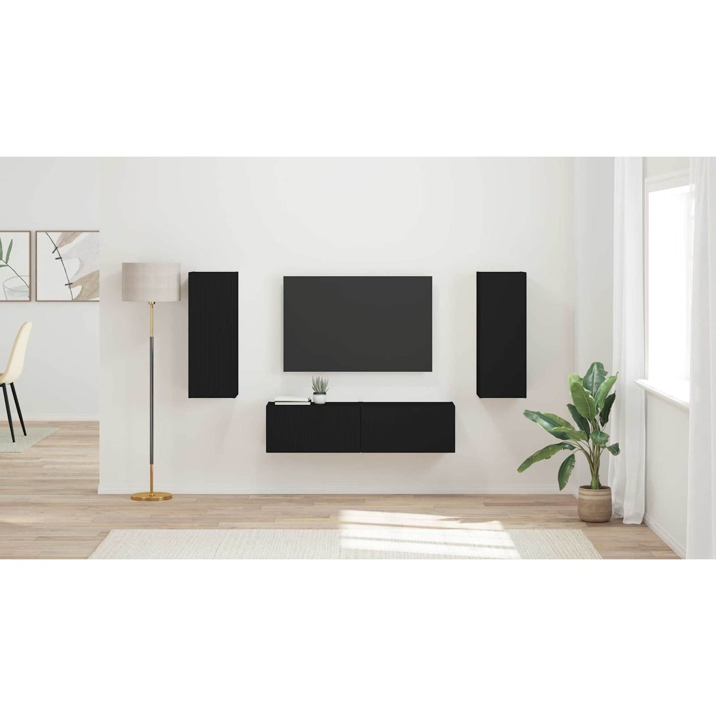 TV Cabinet Set Wall-mounted 2 pcs Black Engineered Wood