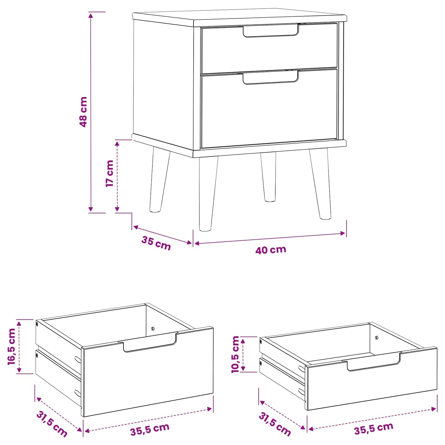 Bedside Cabinet Black 40 x 35 x 48 cm Solid Pine Wood