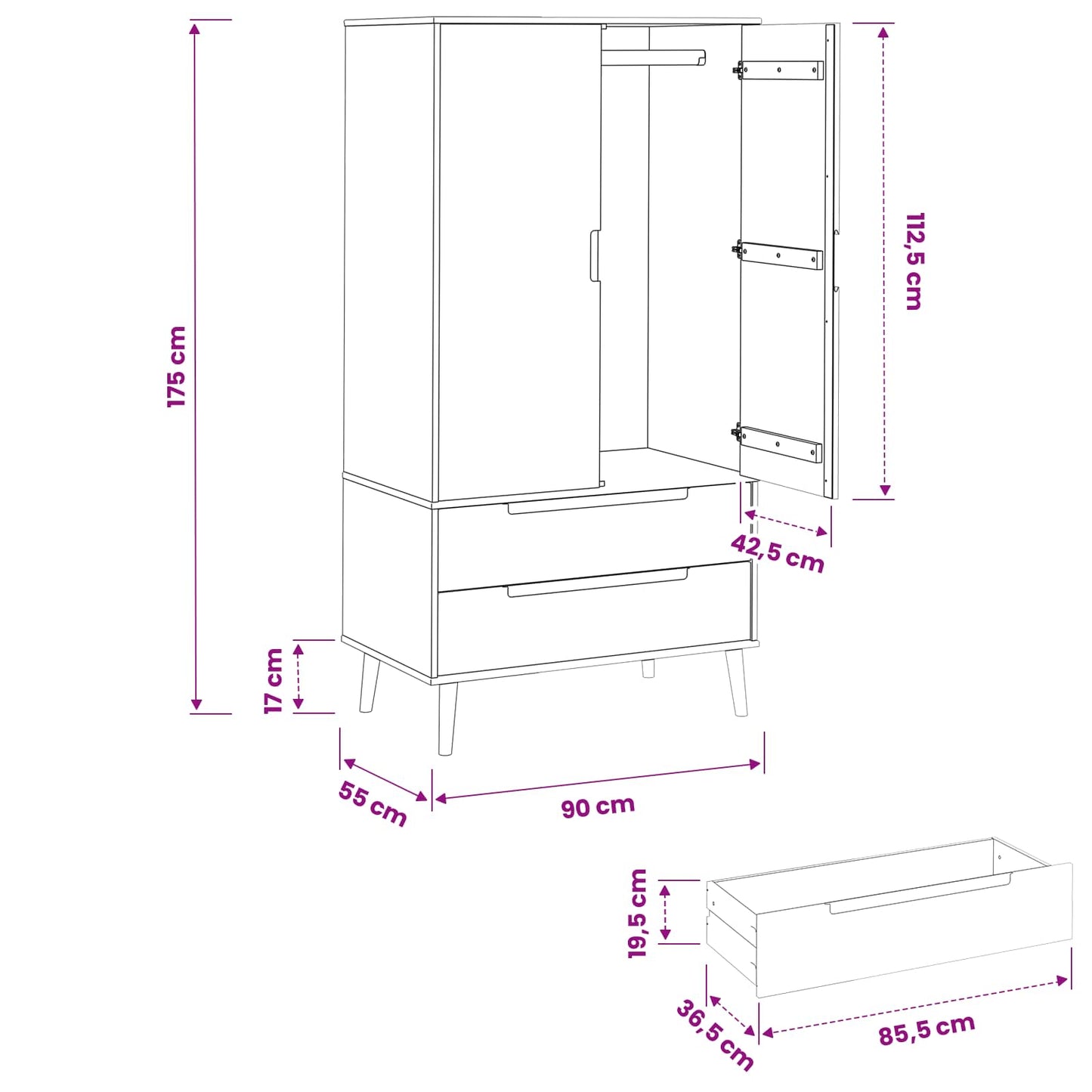 Wardrobe MOLDE Black 90 x 55 x 175 cm Solid Pine Wood