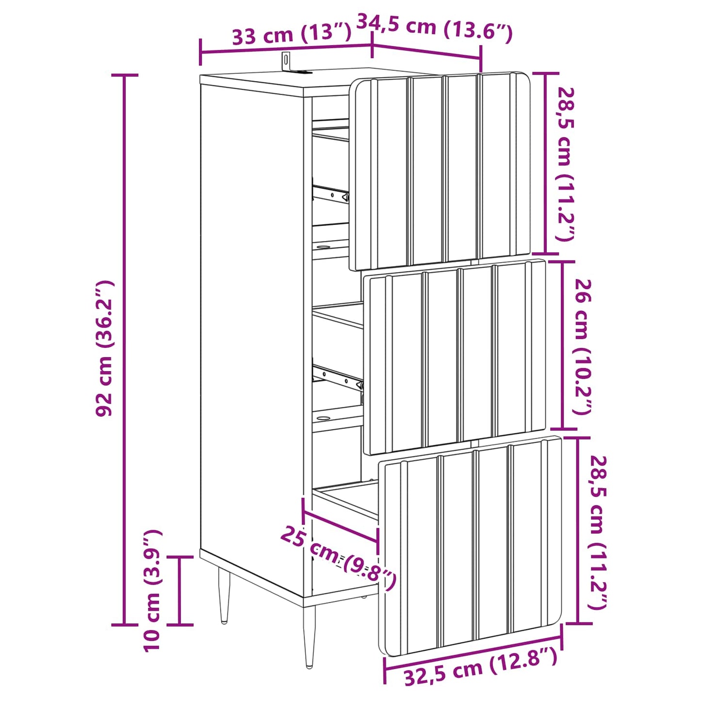 Drawer Cabinet White 33 x 34.5 x 92 cm Engineered Wood