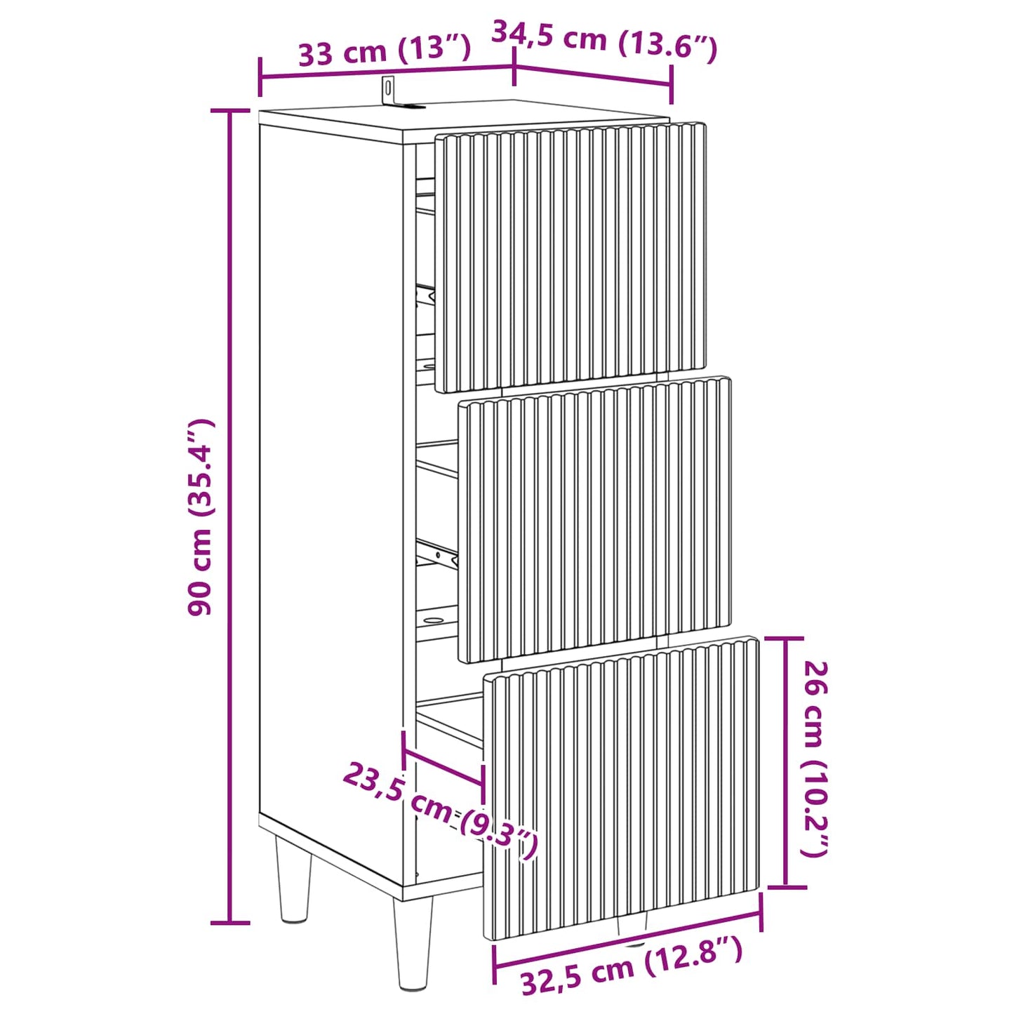 Drawer Cabinet White 33 x 34.5 x 90 cm Engineered Wood