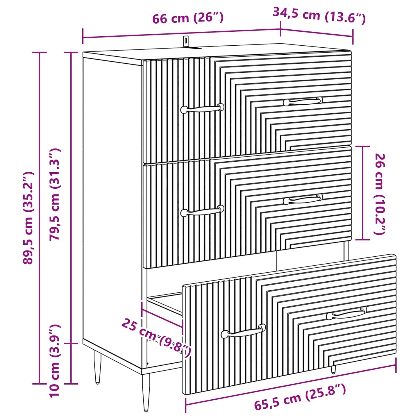 Drawer Cabinet White 66 x 34.5 x 89.5 cm Engineered Wood