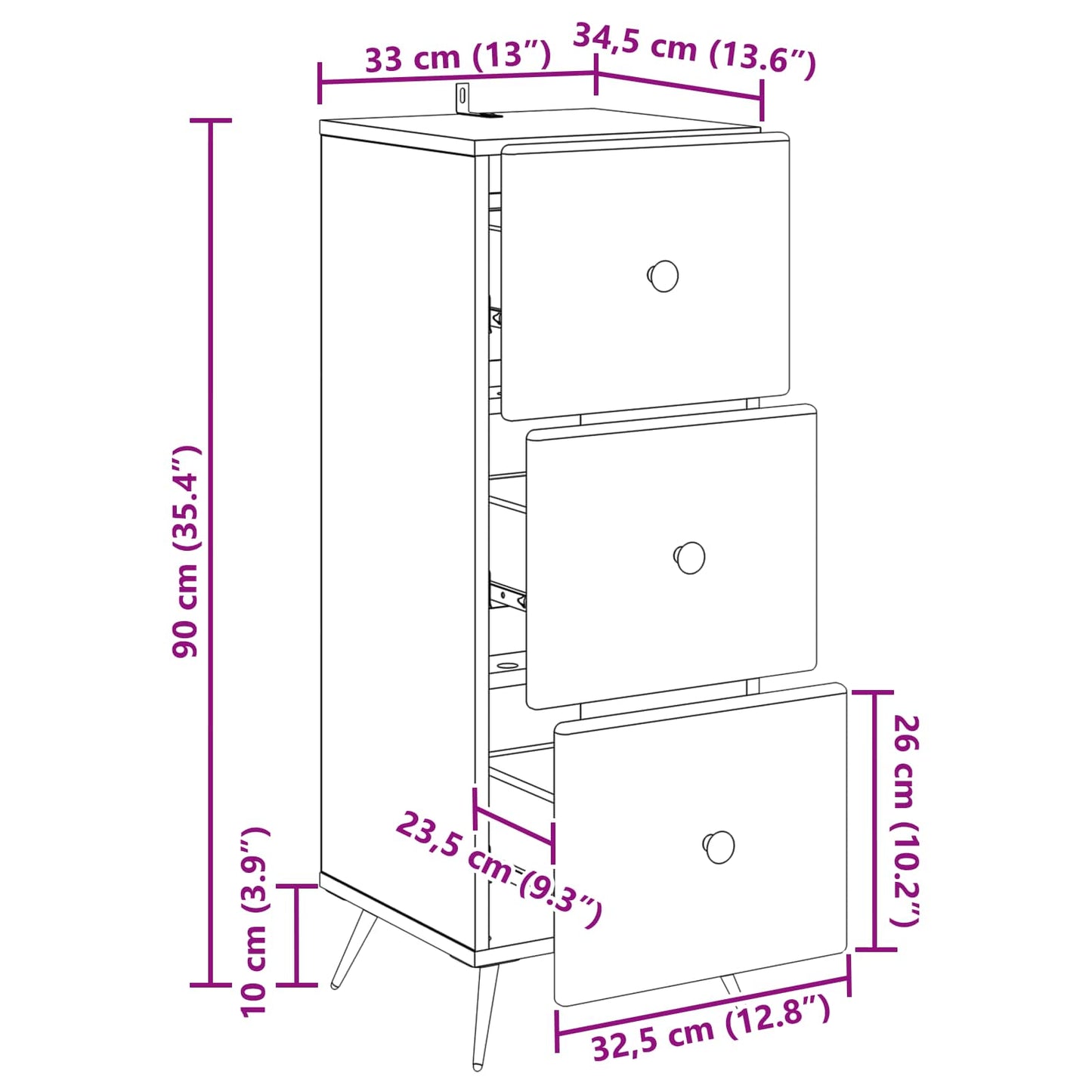 Drawer Cabinet White 33 x 34.5 x 90 cm Engineered Wood