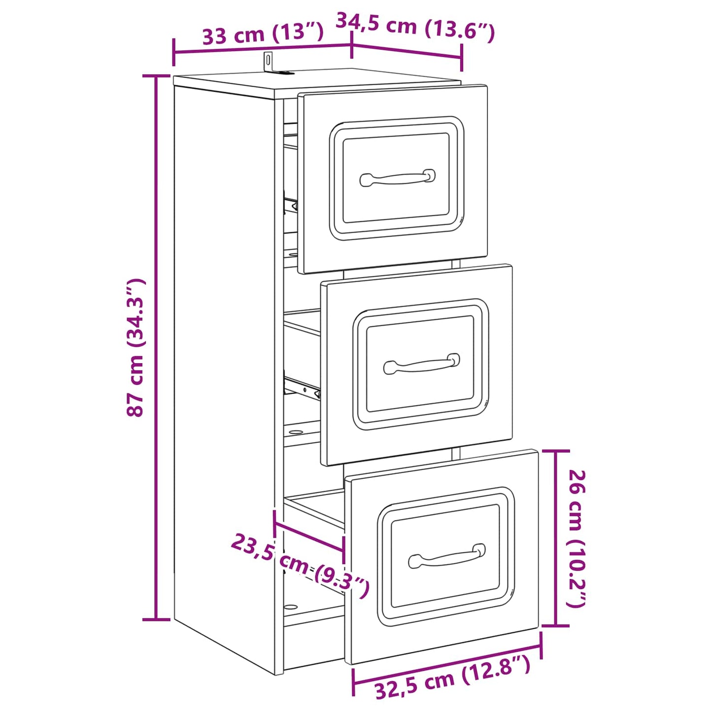 Drawer Cabinet White 33 x 34.5 x 87 cm Engineered Wood
