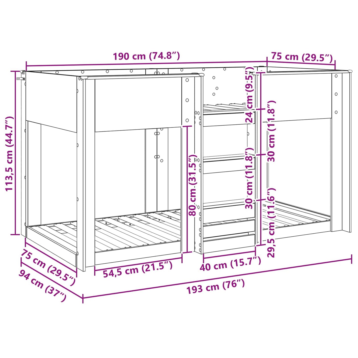 Bunk Bed for Kids Smoked Oak 75 x 190 cm Engineered Wood