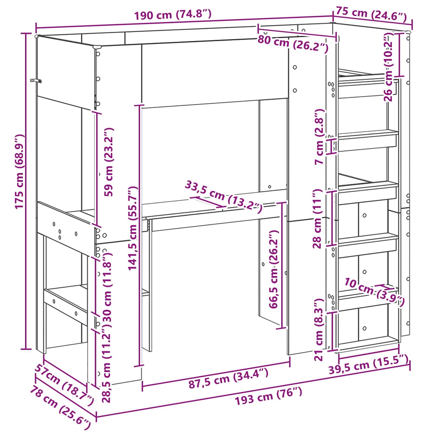 Loft Bed Frame with Desk White 75 x 190 cm Engineered Wood