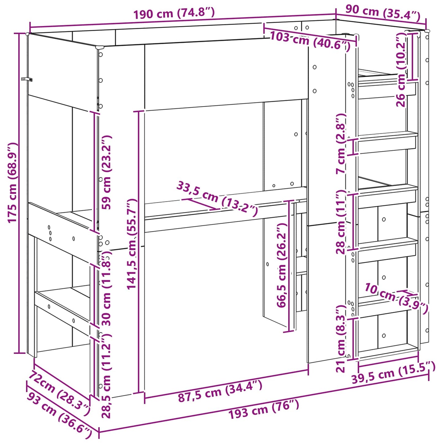 Loft Bed Frame with Desk with Storage Grey Sonoma 90 x 190 cm