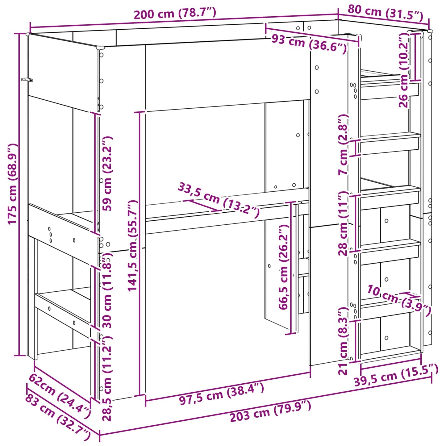 Loft Bed Frame with Desk with Storage Concrete Grey 80 x 200 cm