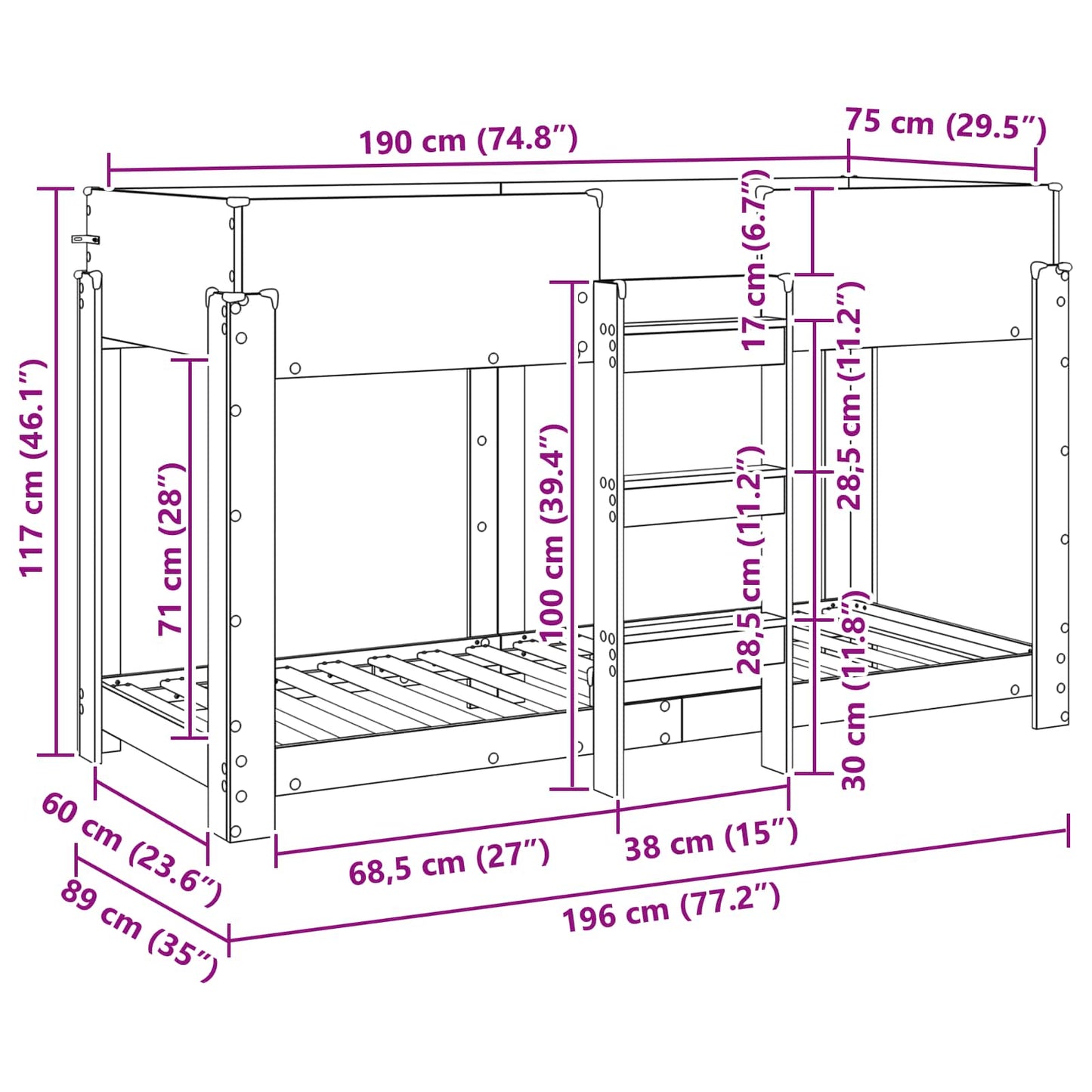 Bunk Bed for Kids Old Wood 75 x 190 cm Engineered Wood